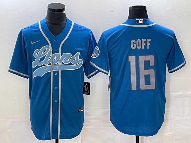 Men's Detroit Lions #16 Jared Goff Blue Cool Base Stitched Baseball Jersey